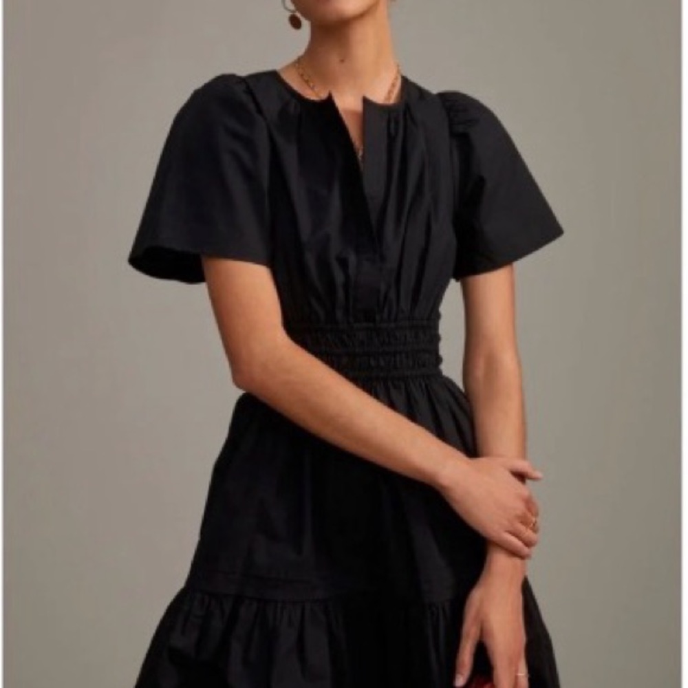 Anthropologie Somerset Black Short-Sleeve Smocked-Waist Mini Dress NWT Size SP